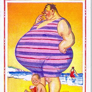 Comic postcard - plump man on the beach - I Can t See My Little Willy Date
