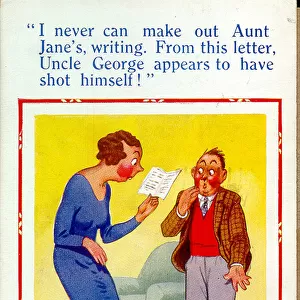 Comic postcard, Woman reading aunts letter Date: 20th century