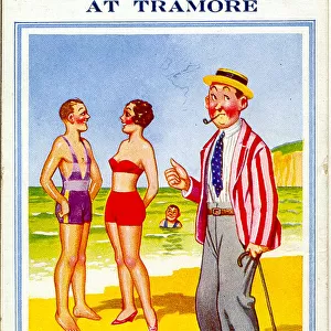 Comic postcard, Woman in red bikini at the seaside, chatting to a man on the beach while