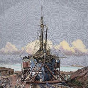 The dry dock. Barcelona. Engraving by Manchon