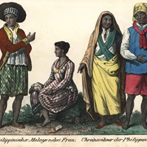 Filipino Malay in scarlet jacket with wife in striped dress