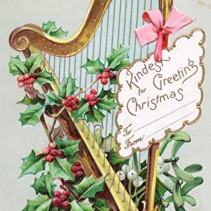 Holly, mistletoe and harp on a Christmas postcard