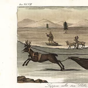 Lapp in a sleigh pulled by a reindeer