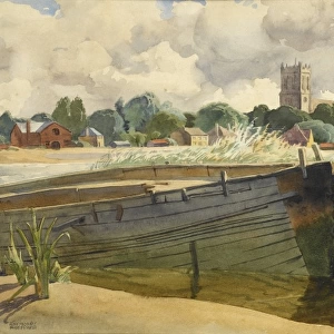 Moored boat and Christchurch Priory, Dorset