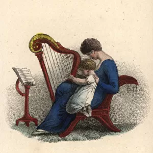Mother teaching her child to play the harp in a music lesson