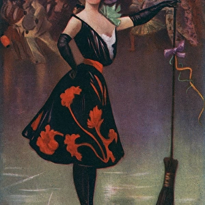 At the Skating Carnival - Pretty lady reveller with a broom