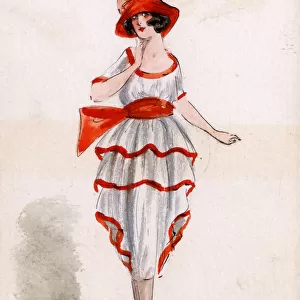 Stylish French Girl in red and white dress and red hat