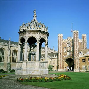 Great Court, fountain and Great Gate, Trinity College, Cambridge, Cambridgeshire