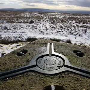 Looking west from an old Ordnance Survey triangulation point on The Chains above Blackmoor Gate in winter, Exmoor, Devon, England, United