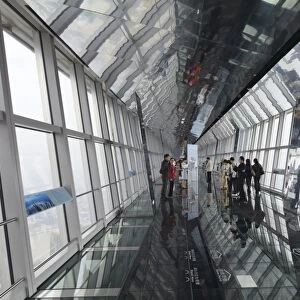 The observation bridge with glass floor on the 94th floor of the Shanghai World Financial Center (SWFC), Pudong, Shanghai, China, Asia