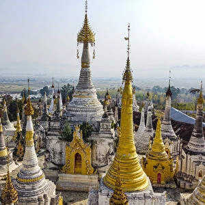 View by drone of pagodas, Inle Lake, Shan state, Myanmar (Burma), Asia