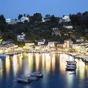 View over harbour at night, Loggos, Paxos, Ionian Islands, Greek Islands, Greece, Europe