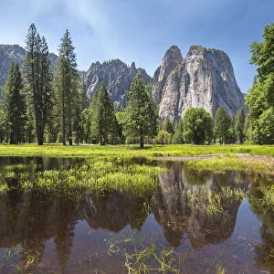 Cathedral Rocks photographed from Yosemite Valley in springtime, California, USA. Spring