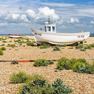 Fishing boats on Dungeness shingle beach, Kent, England