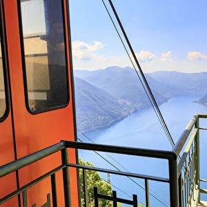 Pigra cable car in an elevated position above Como Lake. Pigra, Val d Intelvi