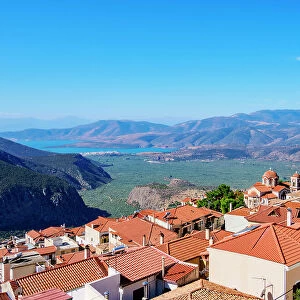 View over Delphi Town and Pleistos River Valley towards the Gulf of Corinth, Delphi, Phocis, Greece