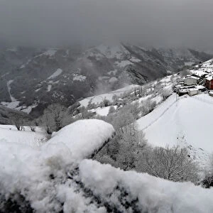 A view of the village of Pajares covered by snow