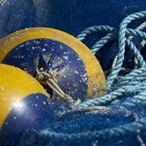 Close-up of fishing equipment, float, nets and ropes, Baltic Sea, Sweden, may