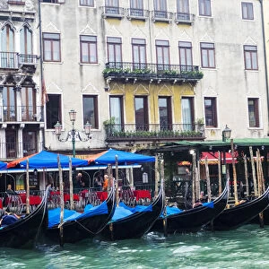 Europe; Italy; Venice; Buildings along the Grand Canal with Gondolas parked