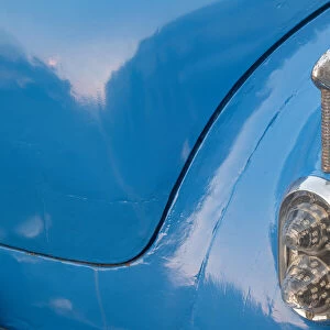 Detail of trunk and rear fender on blue classic American Buick car in Habana, Havana