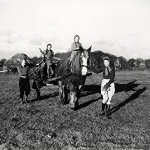 Four young girls with carthorse pulling a cart, December 1941