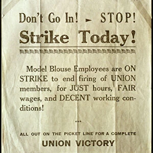 Amalgamated Clothing Workers poster used during a strike at Model Blouse Co. Millville, New Jersey, 1935