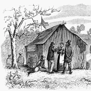 AUSTRALIA: GOLD RUSH, 1852. A sly-grog shop, or unlicensed liquor store, in the goldfields of Victoria, Australia, during the gold rush of the early 1850s. Contemporary English wood engraving