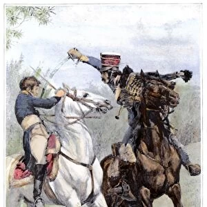 BATTLE OF SaLFELD, 1806. Prince Louis Ferdinand of Prussia (left) mortally wounded during combat with invading French cavalry at the Battle of Saalfeld during the Napoleonic Wars, 10 October 1806. Color engraving, 1896, after a drawing by Felicien de Myrbach
