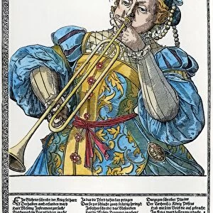 CLARION PLAYER. German woodcut by Tobias Stimmer (1539-1584)