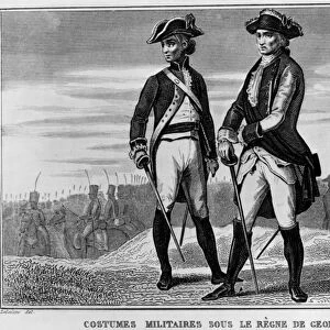 ENGLAND: UNIFORMS, 1780. English military uniforms in 1780, at the time of the American Revolution. Line engaving, French, 19th century