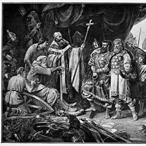 HENRY I (876-936). Called Henry the Fowler. First Saxon king of Germany, 919-936. Defeated Wend leaders brought before Henry (seated at left) to be given the choice of Christianity or death. Wood engraving, 19th century