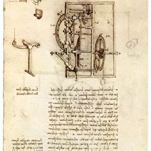 Leonardo da Vincis drawing of a clock mechanism. Manuscript page, c1495-97