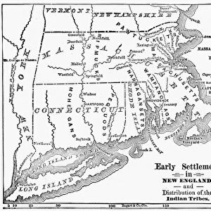 MAP: NEW ENGLAND COLONIES. Early settlements in New England and distribution of