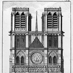 PARIS: NOTRE DAME, 1748. The facade of Notre Dame Cathedral in Paris, France. Line engraving, 1748