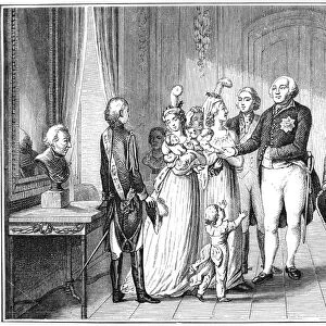 PRUSSIAN ROYAL FAMILY, 1796. King Frederick William II of Prussia, center, with his children and grandchildren; beside the king stands the future King Frederick William III, his consort, the future Queen Louise and their young son, the future King Frederick William IV, reaching upward. Line engraving after a drawing, 1796, by Daniel Chodowiecki