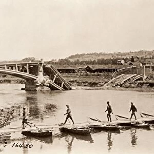 WWI: PONTOON BRIDGE, 1918. A view of the first pontoon bridge built across the Marne by U