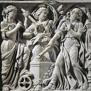 Marble sarcophagus with reliefs depicting Meleagers death, 180 a. d. circa, detail of women taking lit torches