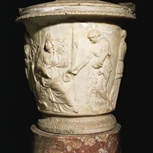 Roman civilization, cinerary urn with relief decoration showing Eleusinian Mysteries from terme di diocleziano (baths of diocletian)
