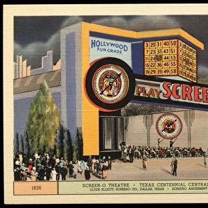 Screen-O Theatre at Exposition. ca. 1936, Texas, USA, 1836, SCREEN-O THEATRE, TEXAS CENTENNIAL CENTRAL EXPOSITION. CLYDE ELLIOTT, SCREENO CO. DALLAS, TEXAS. SCREENO AMUSEMENT CO. CHICAGO, 1936. SCREENO playing to over ten-million people in U. S. Theatres weekly. The greatest movie craze ever to sweep the country. SCREENO was selected by the Texas Centennial Central Exposition as it is a game that is distinctly different-one that cannot be controlled by human hands. It is exciting, entertaining, amusing. SCREENO is also being played on the Boardwalk at Atlantic City. It can be RENTED for Amusement Parks, Clubs, Hotels, Lodges, Bazaars, etc