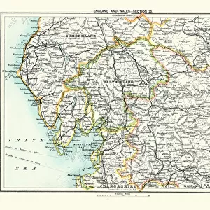 Antique map, Westmorland, Cumberlandl, Durham 19th Century
