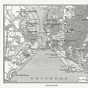 City map of Portsmouth, Hampshire, England, wood engraving, published 1897