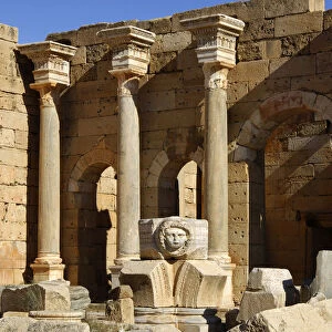 Columns and head of a Medusa Severus Forum Leptis Magna Libya