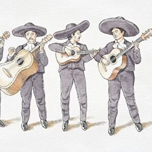 Illustration, mariachi band consisting of four guitarists in grey Mexican hats and matching suits, front view