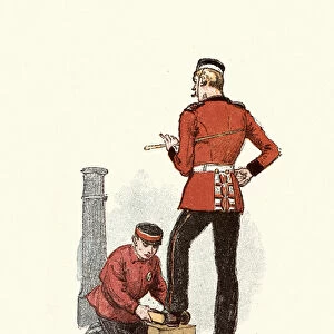 Shoeshiner polishing an officers boats, East London, 19th Century
