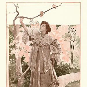 Woman smelling blossom on a tree, Art Nouveau, 1896, 19th Century