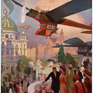 Airplanes in the future. circa 1910 (engraving)