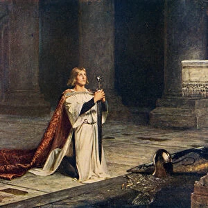 Aspirant knight keeping vigil of arms for entry into knighthood, illustration from Romance