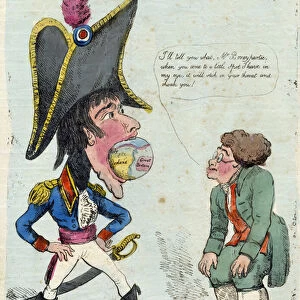 AN ATTEMPT TO SWALLOW THE WORLD ! Napoleon has a globe in his mouth, John Bull is unimpressed. 1803 (engraving)