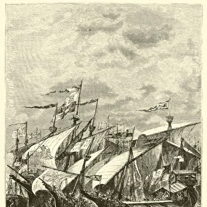 Battle of Sluys, between the English and French Fleets, AD 1340 (engraving)