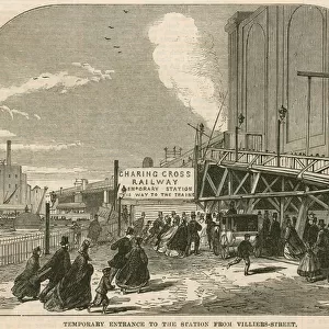 Charing Cross Station, London: The temporary entrance to the station from Villiers Street (engraving)